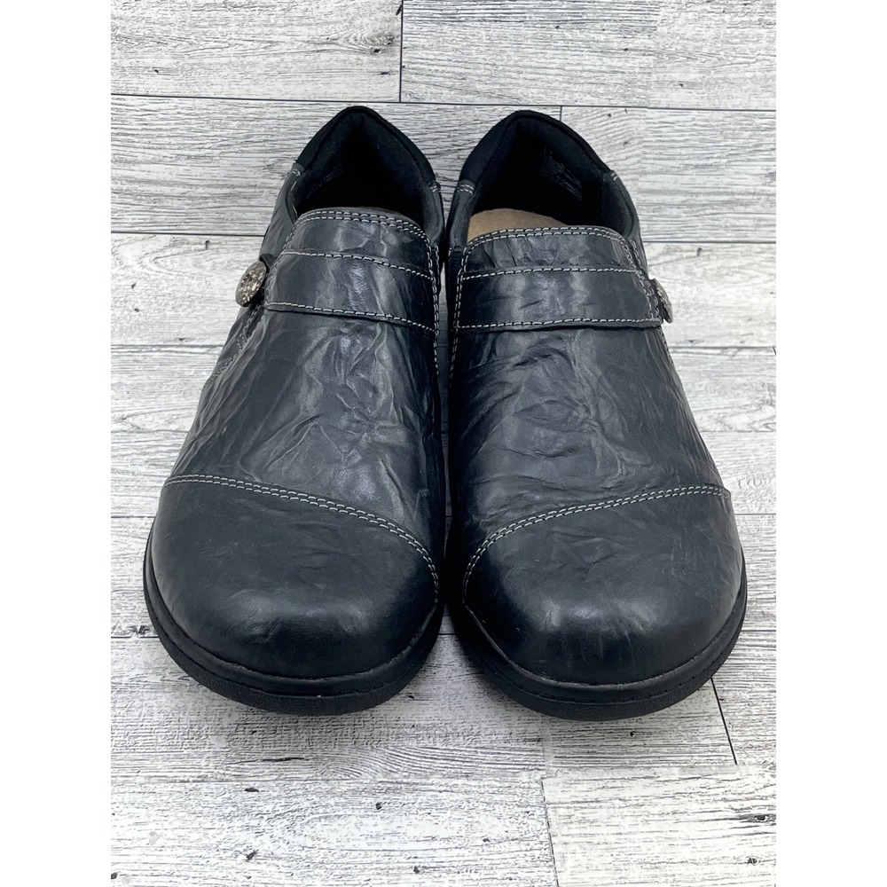 Clarks Collection Cheyn Madi Black Leather Ruched Slip On Loafers Women Sz 7.5M - Picture 2 of 10